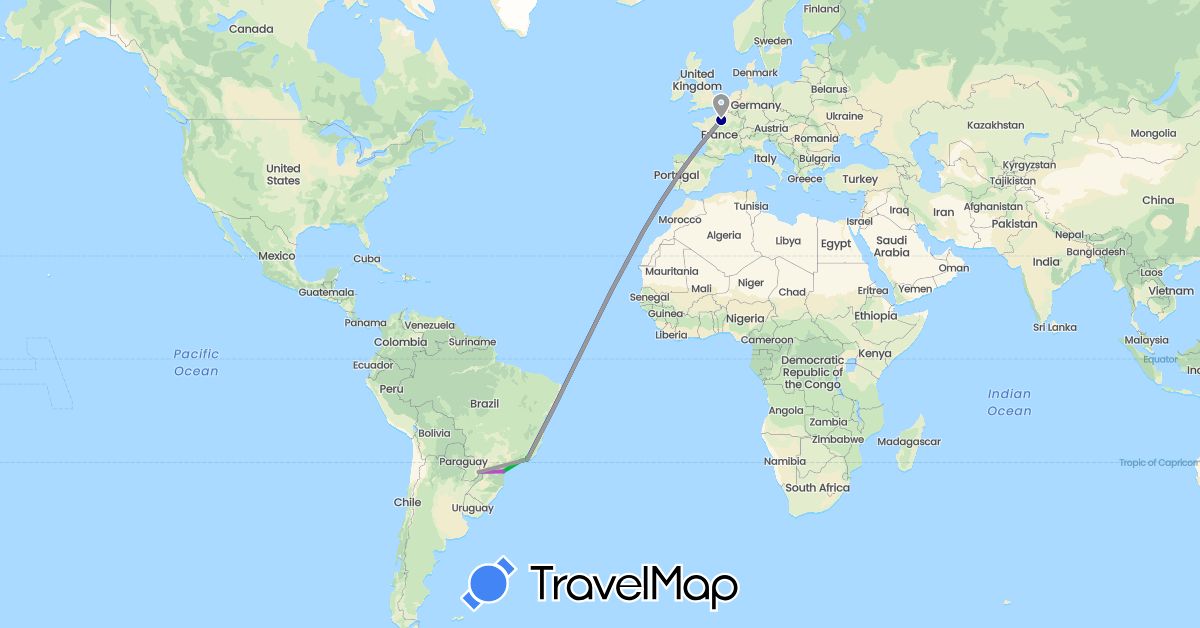 TravelMap itinerary: driving, bus, plane, train in Argentina, Brazil, France (Europe, South America)